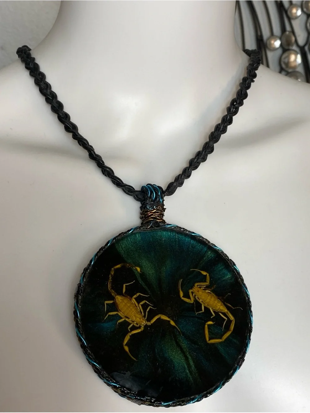 Necklace Cord Leather Big handmade Resin pendant featuring real scorpions
